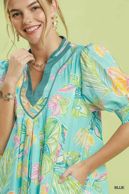 Umgee Botanical Print Dress with Smocked Cuffs