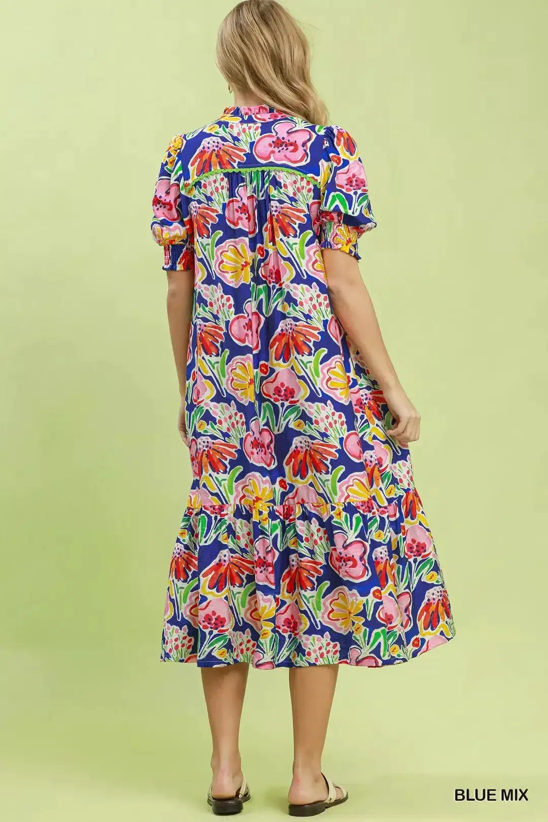 Umgee Floral Print Puff Sleeve Tiered Midi Dress
