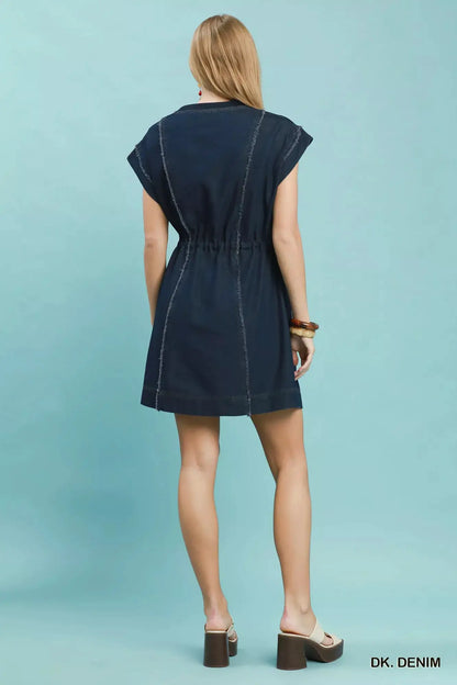 Umgee Drawstring Waist Frayed Denim Mini Dress
