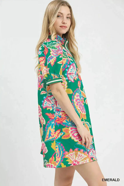 Umgee Jacquard Paisley Print Puff Sleeve Tunic Dress