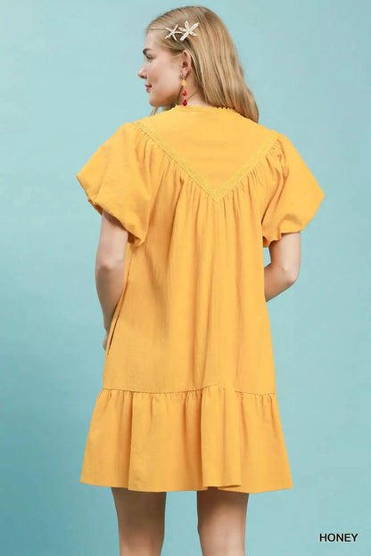 Umgee Flutter Sleeve Tassel Tie Ruffle Hem Mini Dress