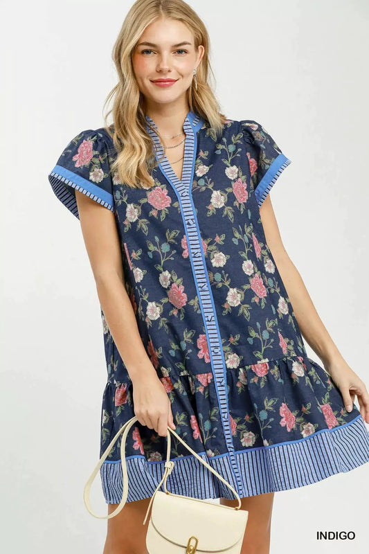 Umgee Floral Contrast Trim Ruffle Hem Mini Dress
