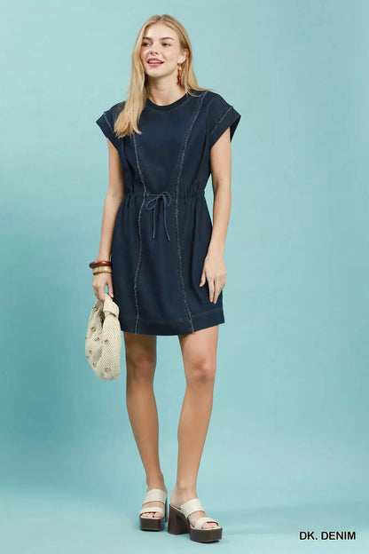 Umgee Drawstring Waist Frayed Denim Mini Dress