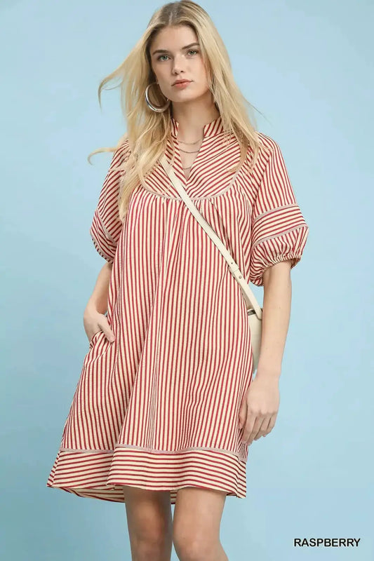 Umgee Striped Puff Sleeve Shift Dress