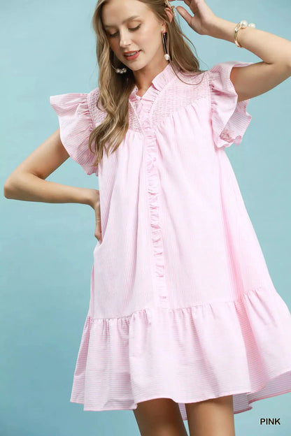 Umgee Stripe Smocked Yoke Ruffle Dress