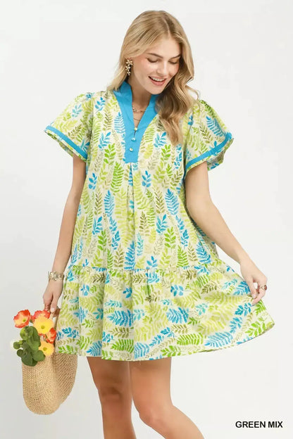 Umgee Leaf Print Flutter Sleeve Tiered Mini Dress