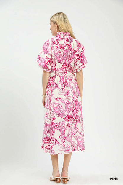 Umgee Abstract Print Smocked Tie Waist Midi Dress