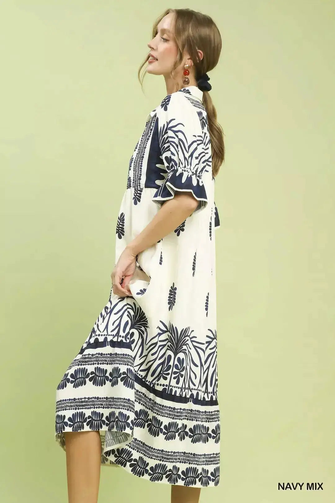 Umgee Border Print Midi Dress with Puff Sleeves