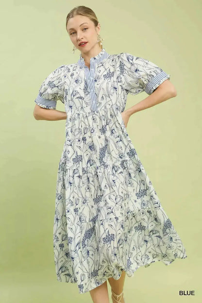Umgee Floral Tiered Midi Dress with Ruffle Trim