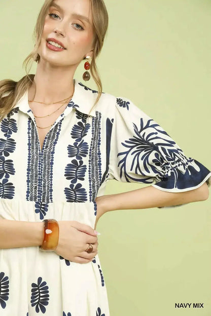 Umgee Border Print Midi Dress with Puff Sleeves