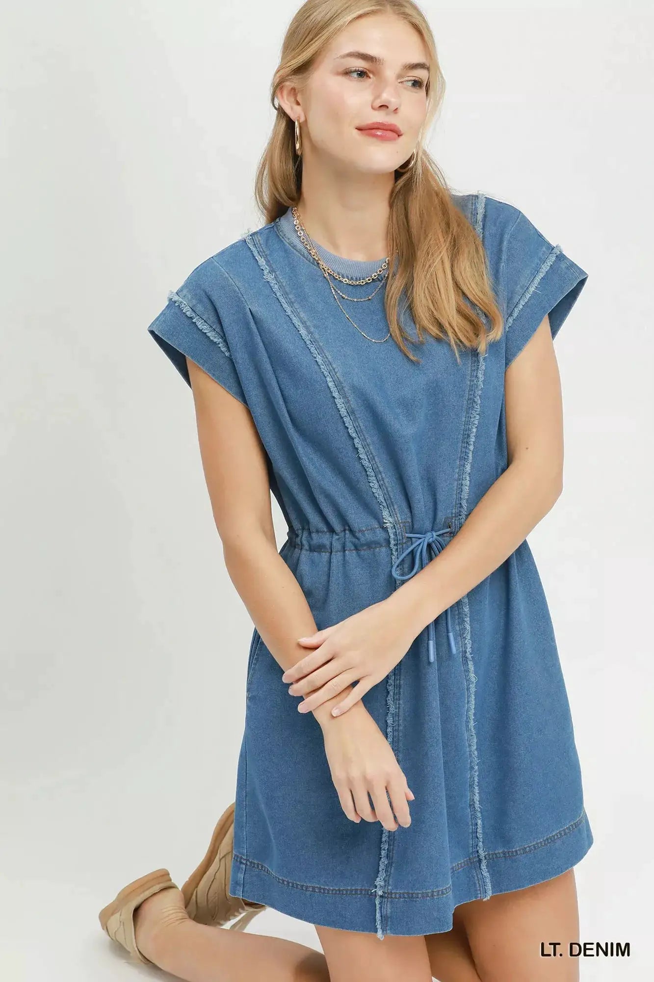 Umgee Drawstring Waist Frayed Denim Mini Dress