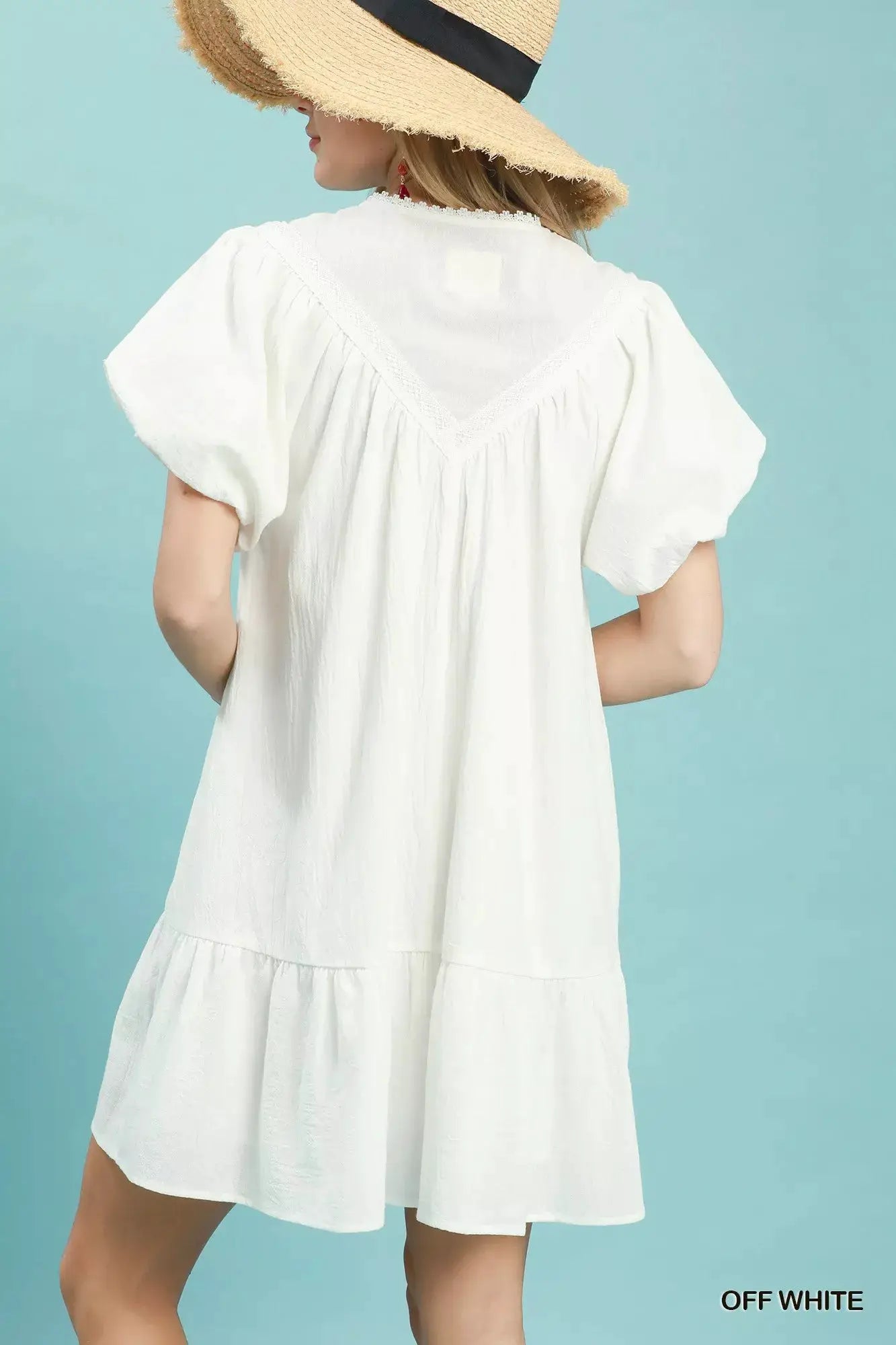 Umgee Flutter Sleeve Tassel Tie Ruffle Hem Mini Dress