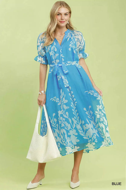 Umgee Floral Print Tie Waist Midi Dress with Side Pockets