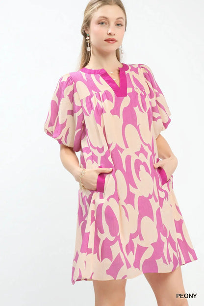 Umgee Abstract Print Puff Sleeve Shift Dress