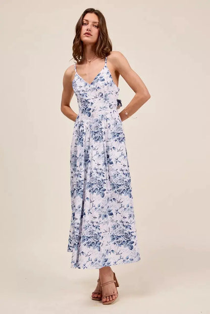 SO ME Floral Woven V Neck Dress With Back Ribbon Tie