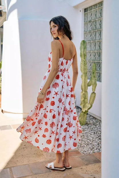 SO ME Shell Print Tiered Lined Midi Cami Dress With Belt
