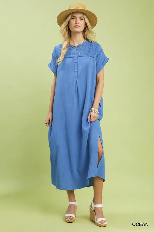 Umgee Button-Front Gauze Midi Dress with Lace Detail