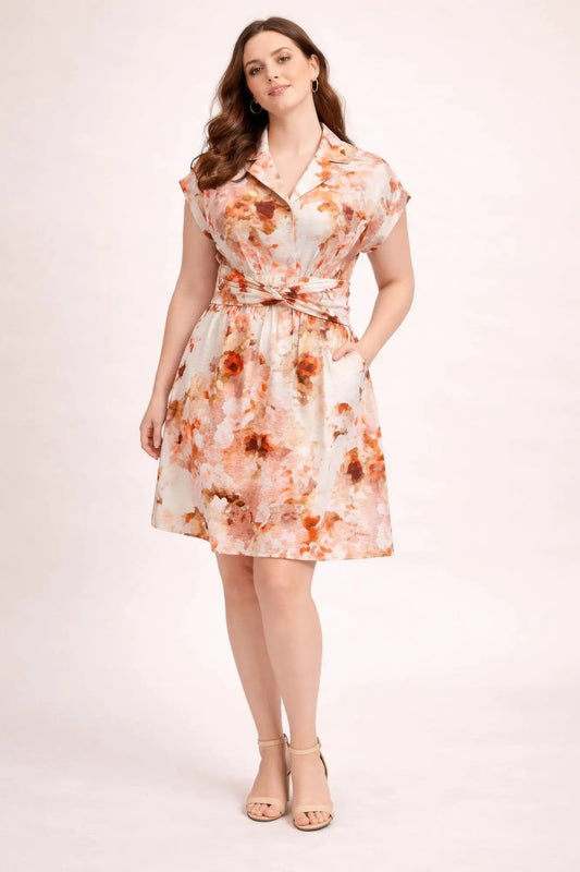 Plus Size Floral Waist Tie Shirt Dress