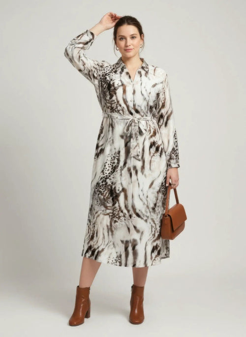 Animal Print Belted Button-front Midi Shirt Dress