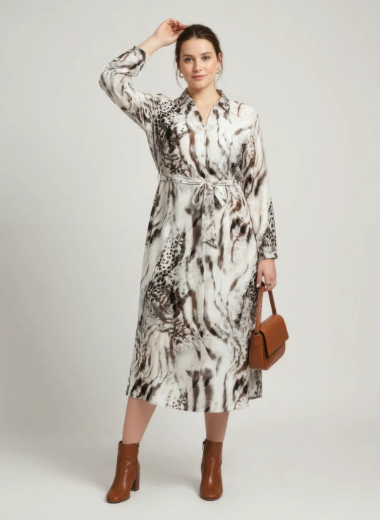 Animal Print Belted Button-front Midi Shirt Dress