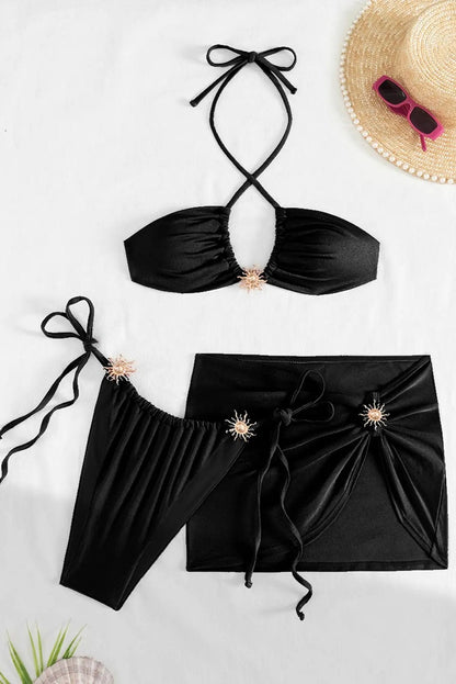 Black Gold Sun Decor Halter Bandeau Cheeky Mesh Cover-Up 3Pc Swimsuit Set