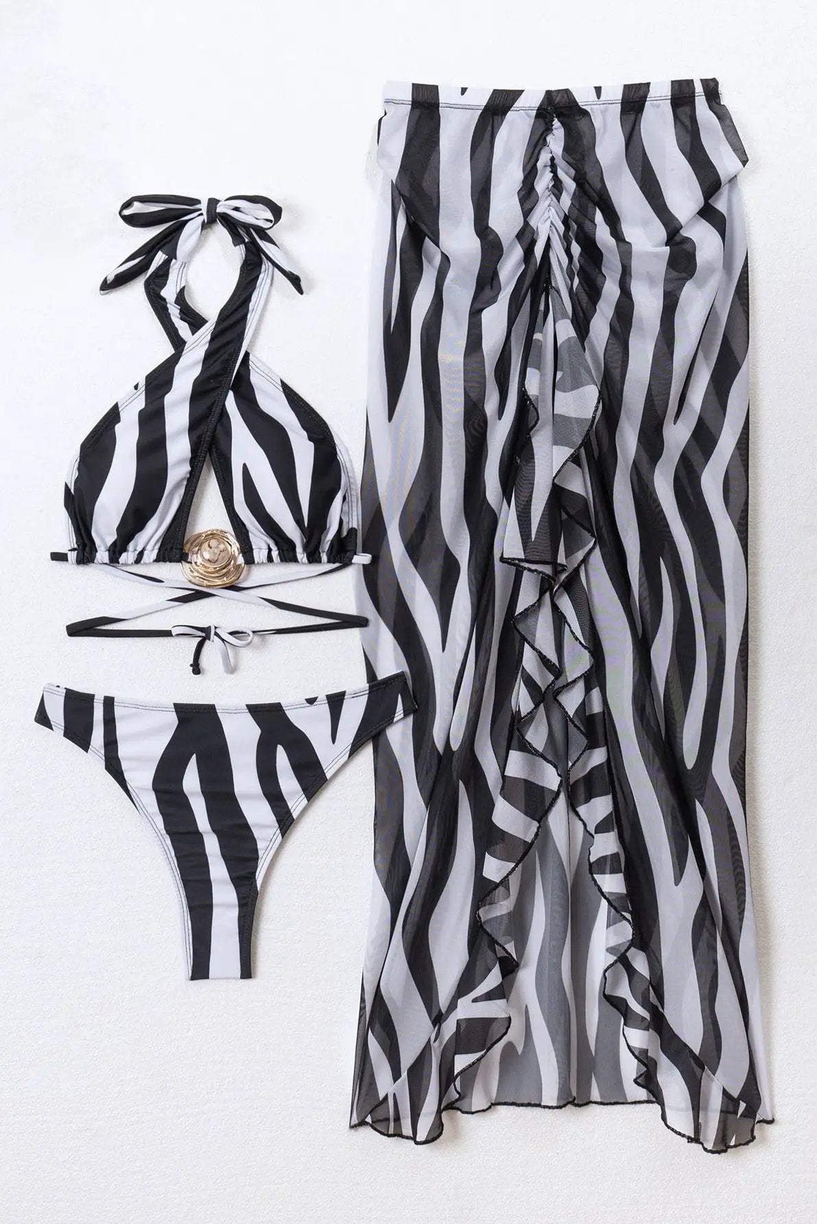 Black White Zebra Halter Gold Metal Decor Maxi Mermaid Skirt Cover-Up Sexy 3Pc Swimsuit Set