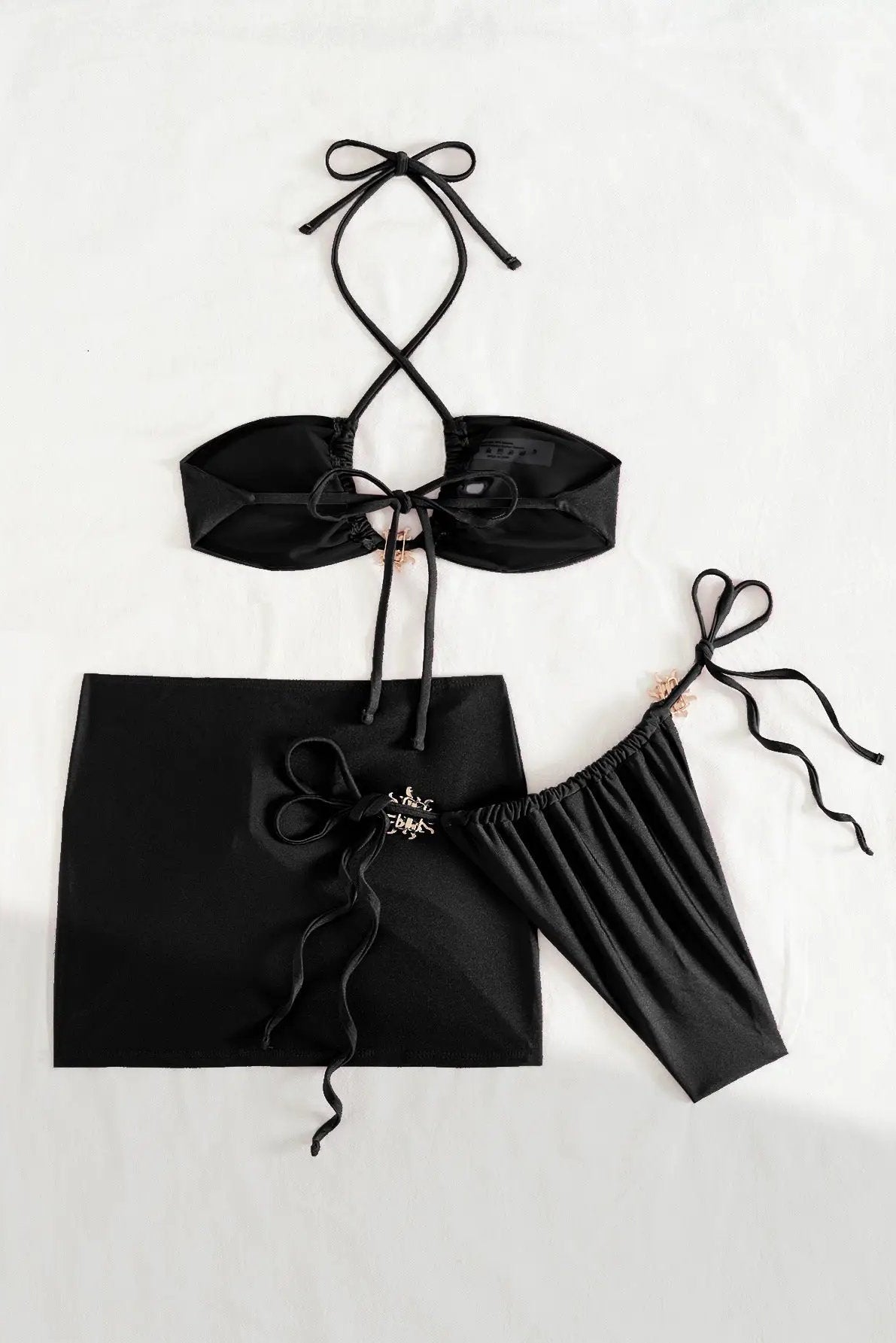 Black Gold Sun Decor Halter Bandeau Cheeky Mesh Cover-Up 3Pc Swimsuit Set