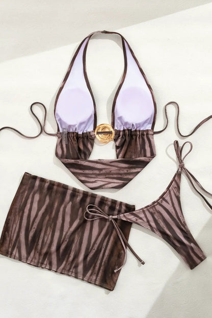 Coffe Tiger Print Gold Metal Decor Drape Top Mesh Skirt Sexy 3Pc Swimsuit Set