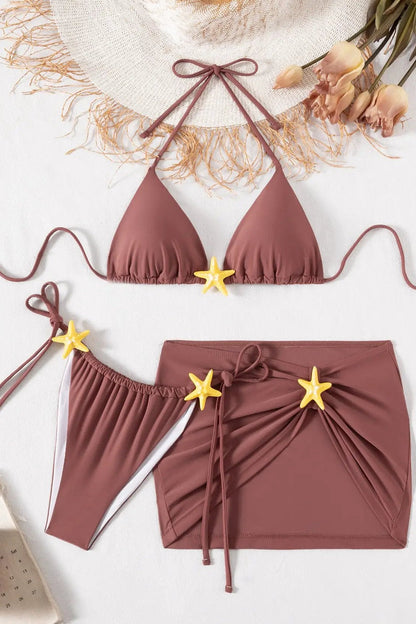 Brown Starfish Triangle Cheeky Cover-Up Sexy 3Pc Swimsuit Set