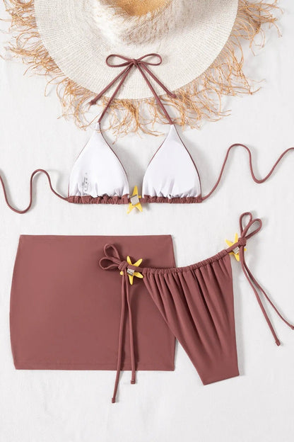 Brown Starfish Triangle Cheeky Cover-Up Sexy 3Pc Swimsuit Set