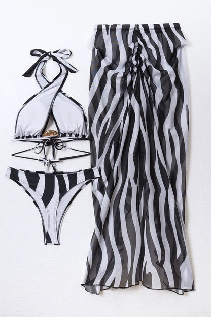 Black White Zebra Halter Gold Metal Decor Maxi Mermaid Skirt Cover-Up Sexy 3Pc Swimsuit Set