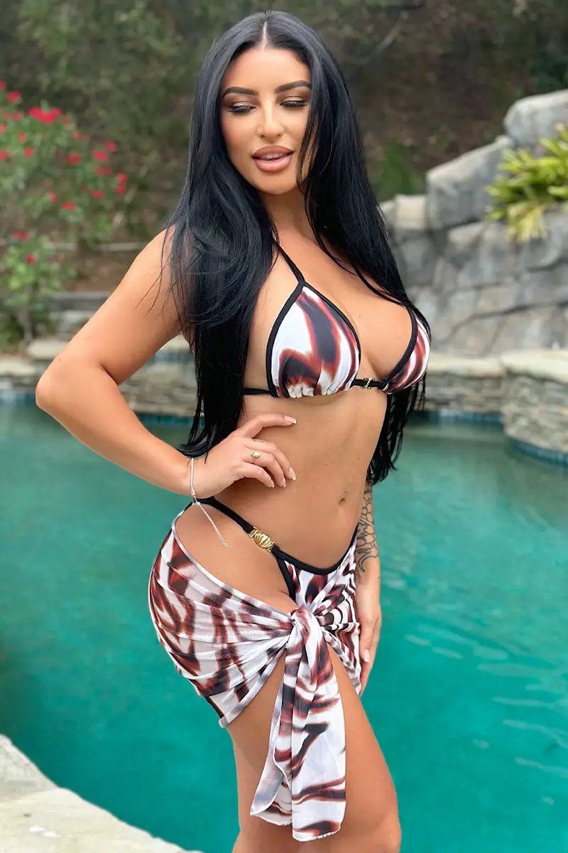 Brown Animal Print Gold Rhinestone Buckle 3Pc Sexy Swimsuit Cover-Up Set
