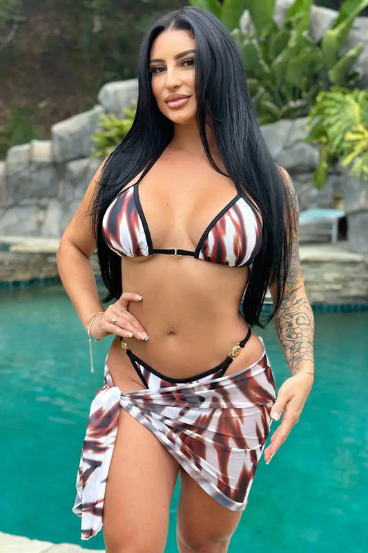 Brown Animal Print Gold Rhinestone Buckle 3Pc Sexy Swimsuit Cover-Up Set