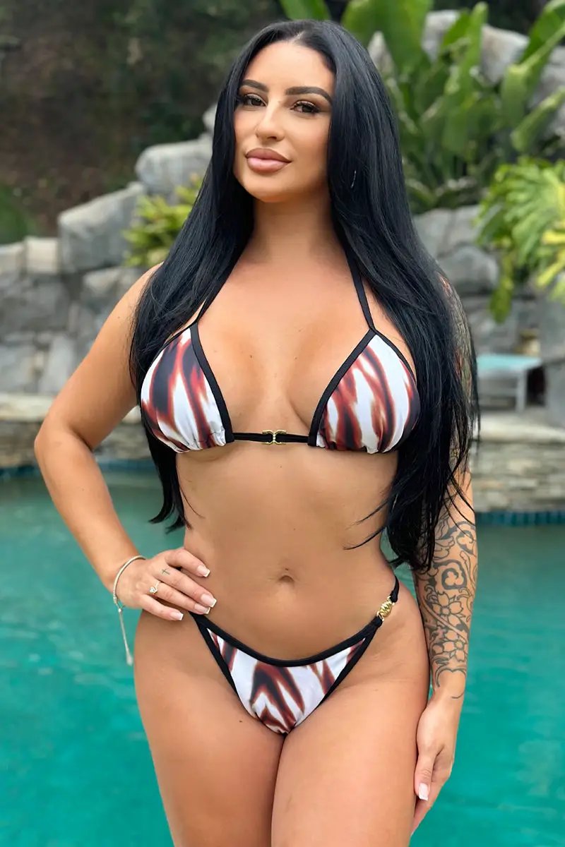 Brown Animal Print Gold Rhinestone Buckle 3Pc Sexy Swimsuit Cover-Up Set