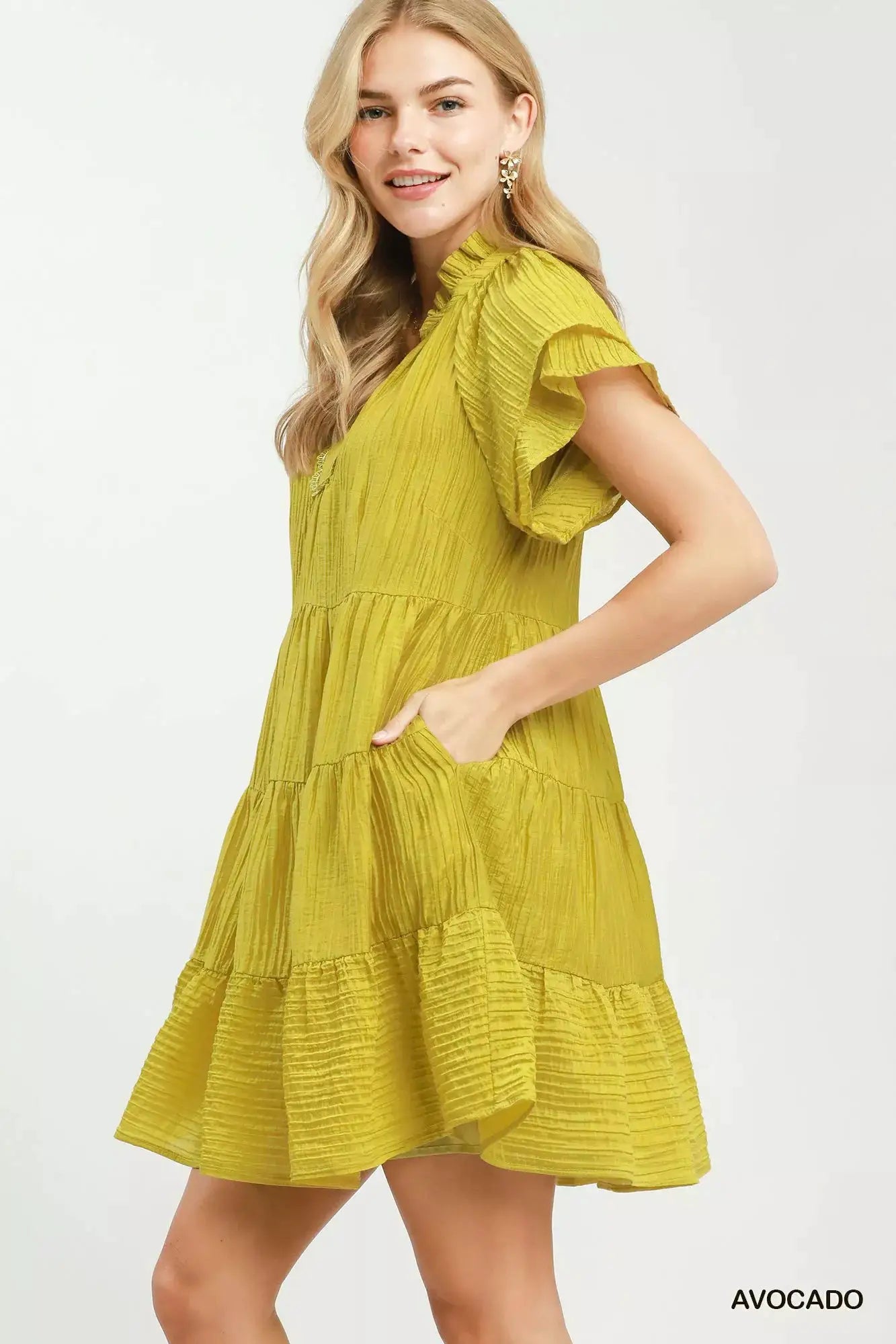 Umgee Tiered Ruffle Sleeve Textured Mini Dress