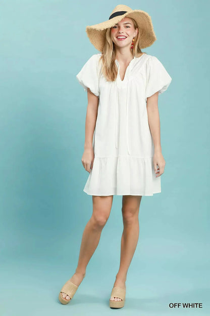 Umgee Flutter Sleeve Tassel Tie Ruffle Hem Mini Dress