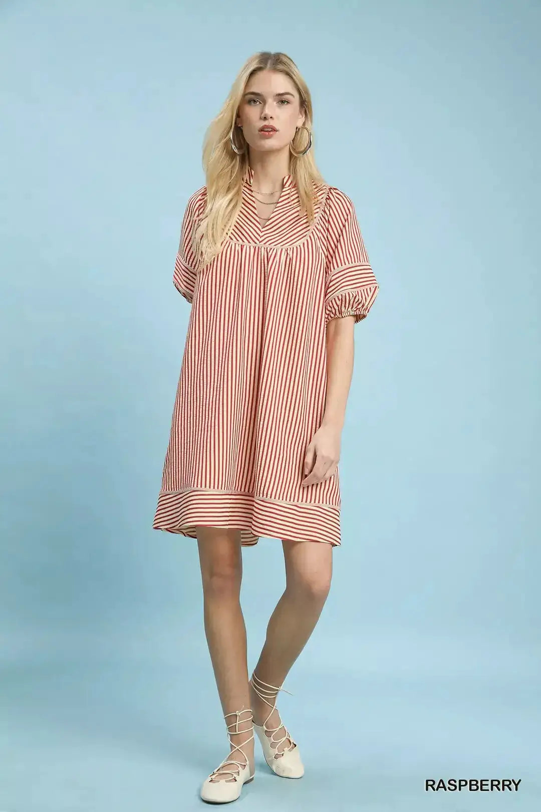 Umgee Striped Puff Sleeve Shift Dress