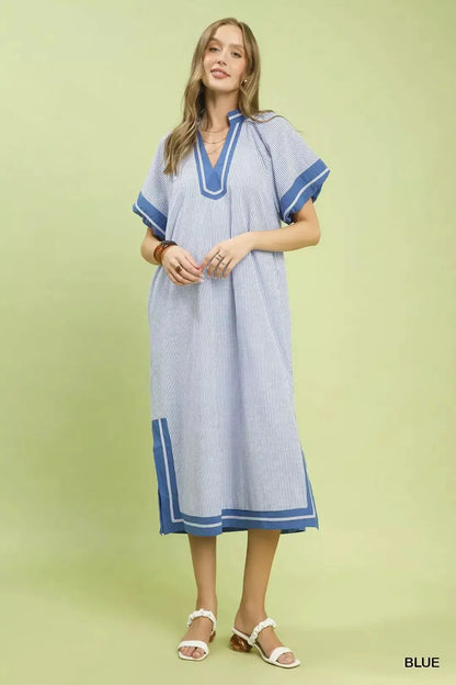 Umgee Pinstripe Contrast Trim Midi Dress
