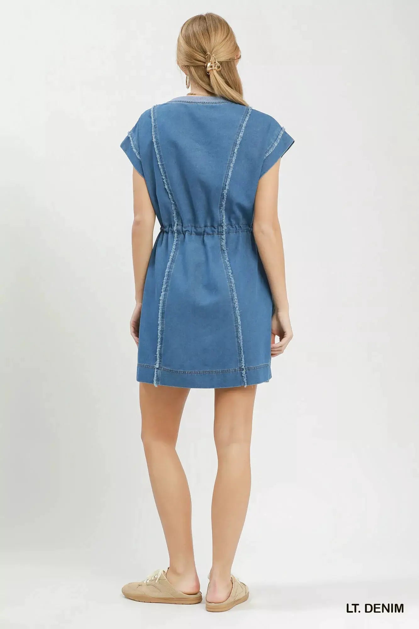 Umgee Drawstring Waist Frayed Denim Mini Dress