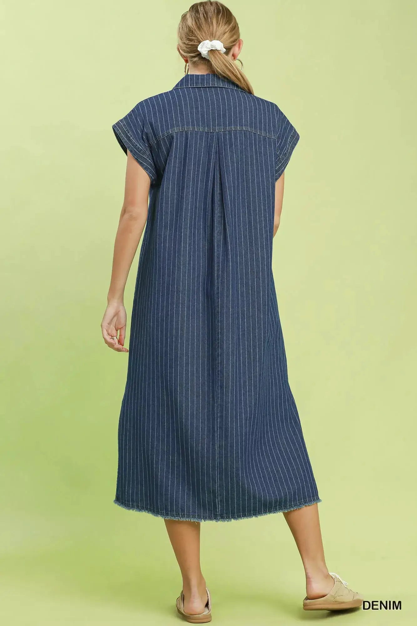 Umgee Pinstripe Denim Collared Midi Dress with Side Slits