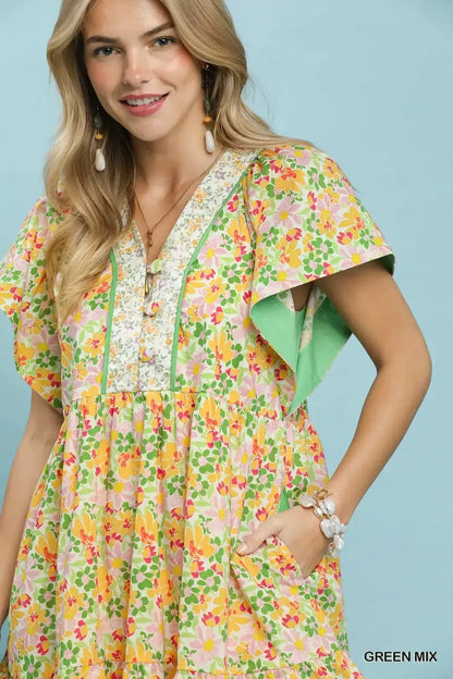 Umgee Mix Floral Tiered Mini Dress with Side Pockets