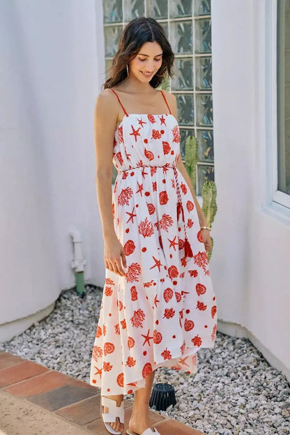 SO ME Shell Print Tiered Lined Midi Cami Dress With Belt