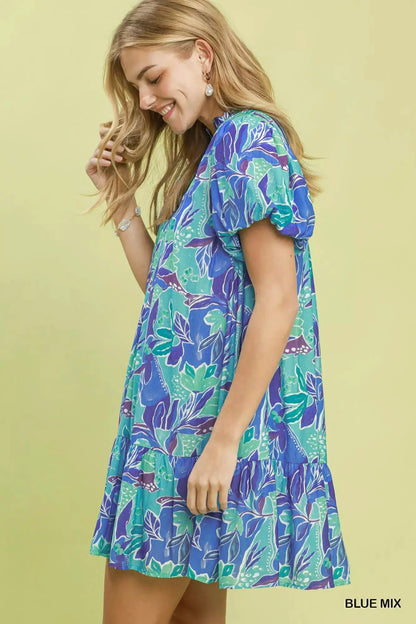 Umgee Tropical Floral Puff Sleeve Tiered Mini Dress