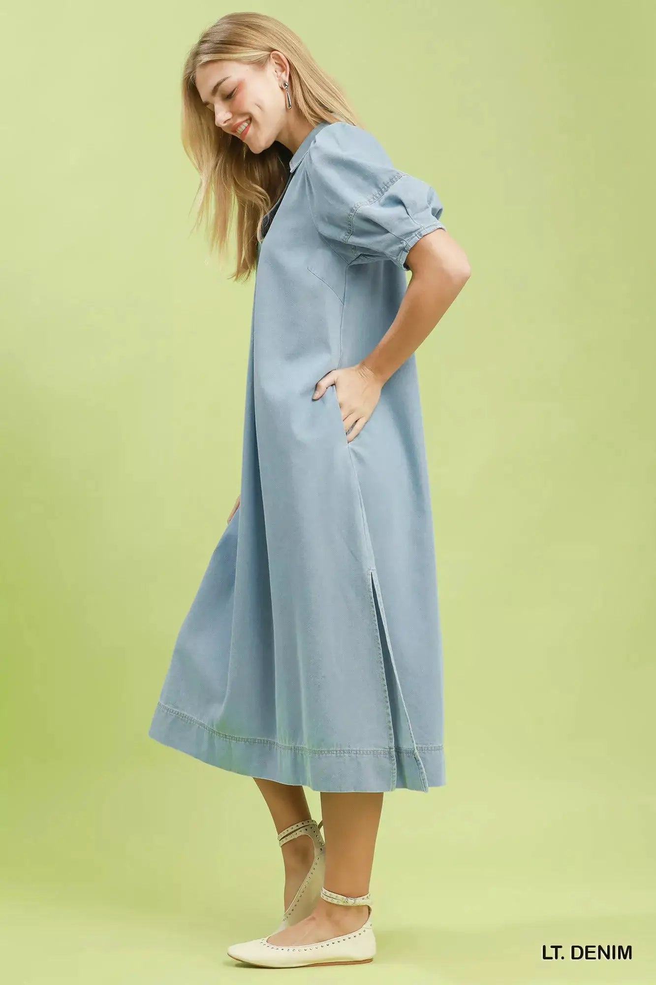Umgee Chambray Collared Puff Sleeve Dress