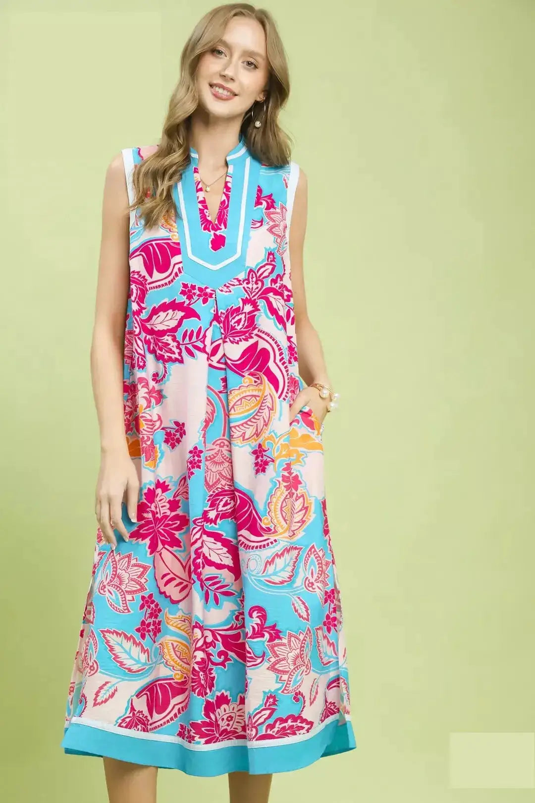 Umgee Floral Sleeveless Midi Dress with Side Pockets