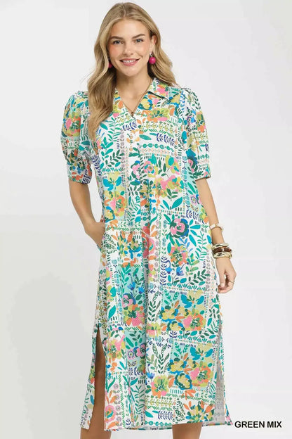 Umgee Folk Print Midi Dress with Side Pockets
