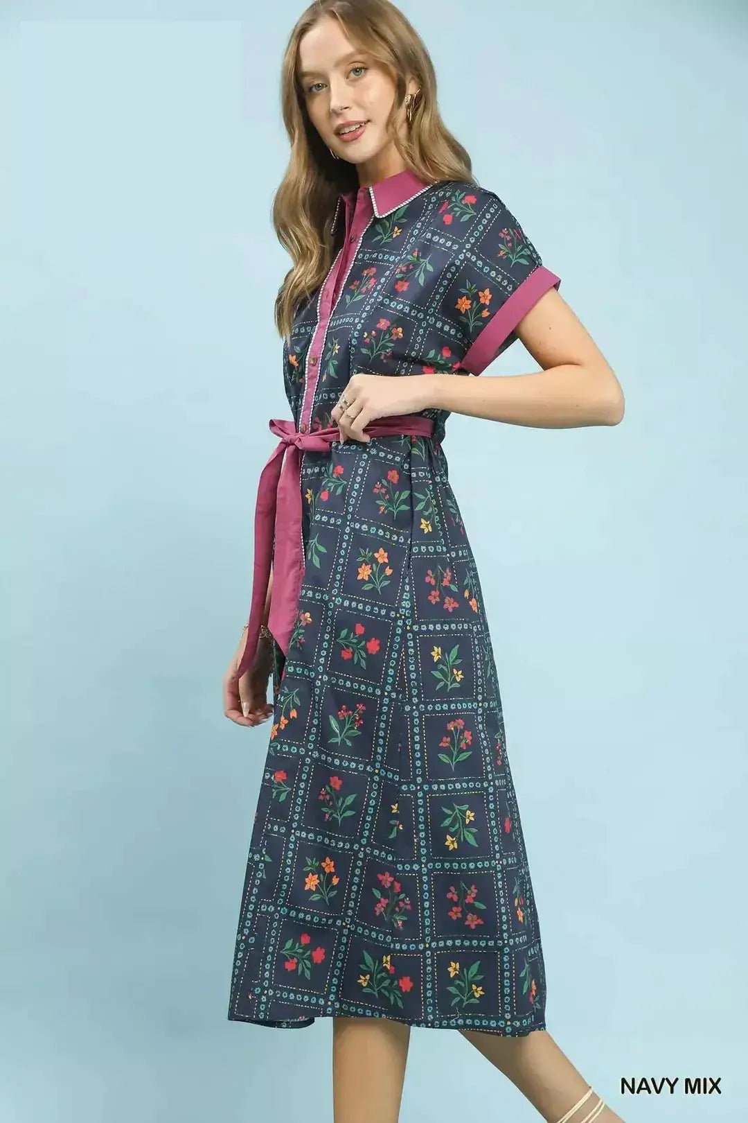 Umgee Mix Floral Button-Front Midi Dress