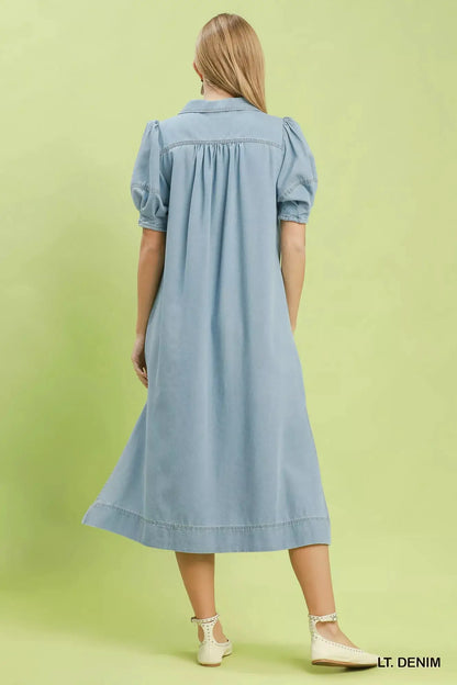 Umgee Chambray Collared Puff Sleeve Dress
