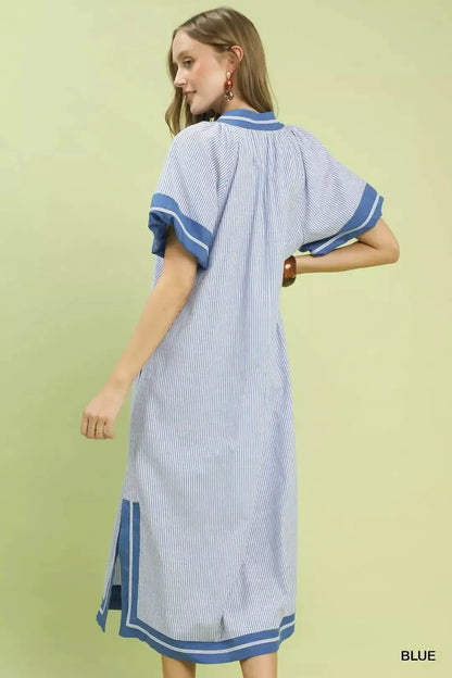Umgee Pinstripe Contrast Trim Midi Dress