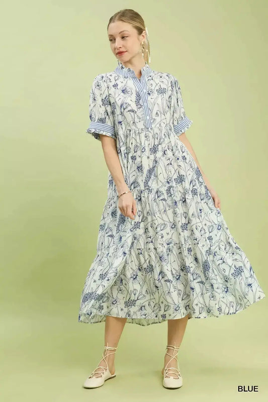 Umgee Floral Tiered Midi Dress with Ruffle Trim